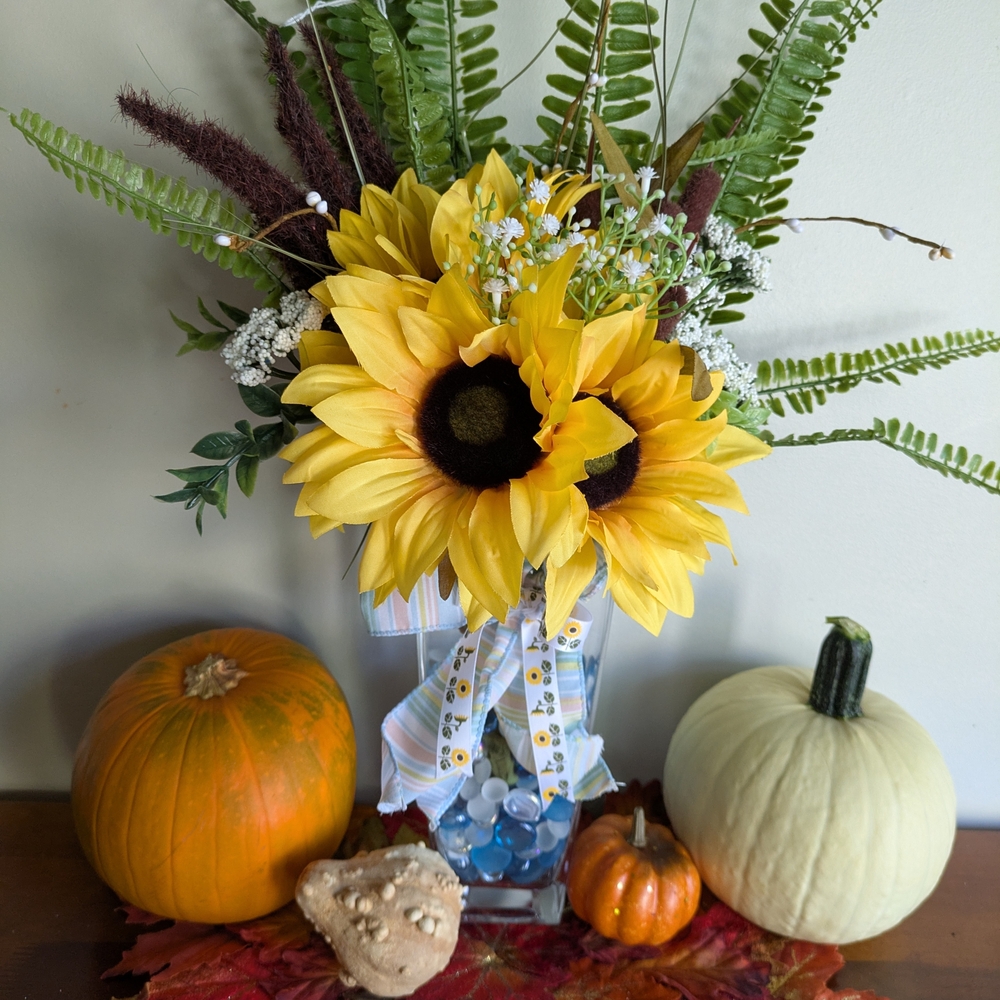 Vibrant Sunflower and Fern Fall Holiday Arrangement